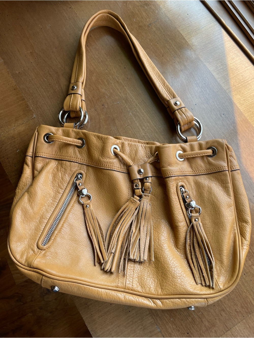 b. makowsky Tan Leather Tassel Shoulder Bag with Silver Hardware